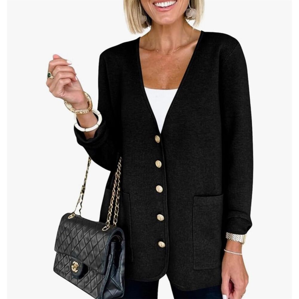 Anrabess Women's V Neck Button Knit Cardigan Sweater Blazer w/ Pockets Black L